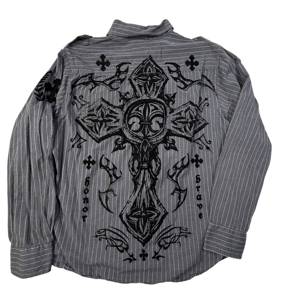 Raw‎ State Button Down Shirt XL Gray Pinstripe Velvet Flocked Cross Gothic Y2K